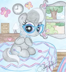 Size: 2304x2512 | Tagged: artist:jackie00liza, bed, bedroom, braid, butterfly, clock, cute, derpibooru import, flower, furniture, glasses, happy, heart, lamp, rug, safe, silverbetes, silver spoon, sitting, smiling, solo, traditional art, tree, window