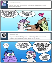 Size: 1024x1246 | Tagged: artist:catfood-mcfly, chubby, cute, earring, fat, fury belle, heart, hypocritical humor, looking at you, oc, oc:candy skies, oc:checked privilege, oc:fat shamed, parody, safe, social justice warrior, sweetie belle