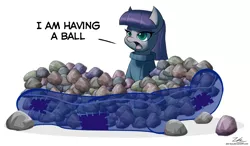 Size: 1024x600 | Tagged: safe, artist:zelc-face, derpibooru import, maud pie, earth pony, pony, ball pit, dashcon, dialogue, female, mare, open mouth, pun, rock, signature, simple background, solo, white background