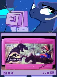 Size: 563x768 | Tagged: bootleg, derpibooru import, dinosaur, exploitable meme, gamer luna, jurassic park, mario, meme, obligatory pony, princess luna, safe, super mario bros., triceratops, tv meme, tyrannosaurus rex, unamused