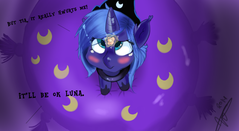 Size: 1248x687 | Tagged: artist:mrscurlystyles, bandage, blushing, crown, crying, cushion, cute, daaaaaaaaaaaw, derpibooru import, diabetes, filly, implied princess celestia, levitation, looking at you, moon, princess celestia, princess luna, sad eyes, safe, solo, weapons-grade cute, woona