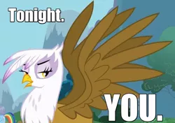 Size: 1041x732 | Tagged: safe, derpibooru import, edited screencap, screencap, gilda, rainbow dash, gryphon, aqua teen hunger force, bronybait, caption, hand banana, image macro, meme, soon, text edit, tonight you, wingboner