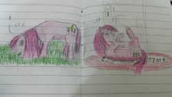 Size: 4128x2322 | Tagged: artist:horsesplease, carpet, derpibooru import, eating, grazing, herbivore, horses doing horse things, lined paper, oh no, on back, open mouth, pinkie clone, pinkie pie, rolling, safe, surprised, traditional art, wide eyes