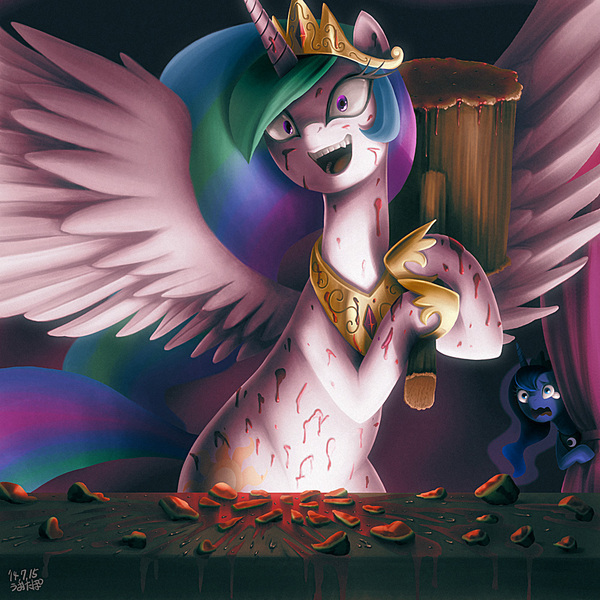 Size: 1000x1000 | Tagged: safe, artist:uotapo, derpibooru import, princess celestia, princess luna, alicorn, pony, friends forever, context is for the weak, crying, fangs, female, gallagher, grimderp, hammer, hoof hold, horn, human teeth, implied hammers, looking at you, mallet, mare, messy, not blood, open mouth, scared, scene interpretation, sharp teeth, shrunken pupils, smiling, snaplestia, spread wings, teeth, violence, wat, watching, watermelon, wavy mouth, wide eyes, wings