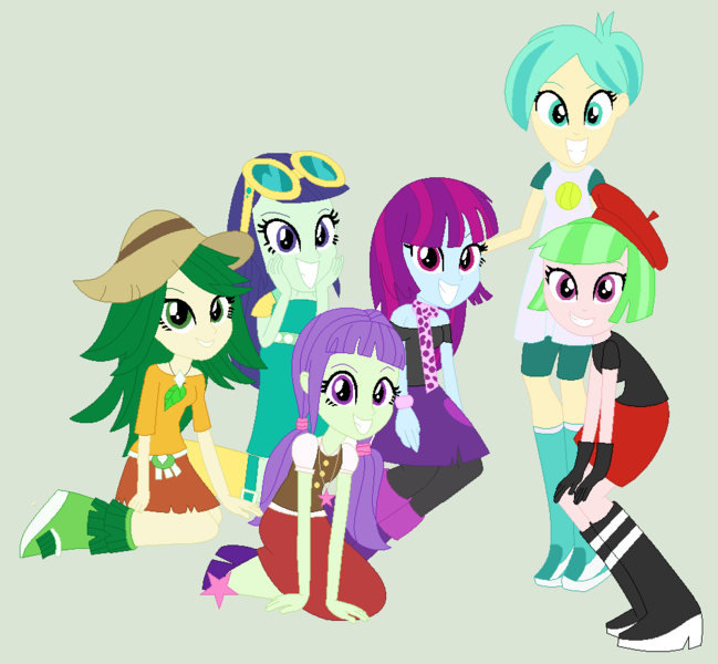 Size: 948x876 | Tagged: safe, artist:appimena, derpibooru import, blueberry cake, drama letter, mystery mint, starlight, sweet leaf, tennis match, watermelody, equestria girls, background human, base used, cute, mysterybetes