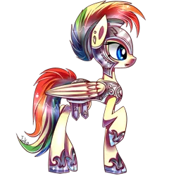 Size: 900x900 | Tagged: dead source, safe, artist:inky-pinkie, derpibooru import, oc, oc:ivory bolt, unofficial characters only, pegasus, pony, armor, ear piercing, fangs, helmet, open mouth, piercing, raised hoof, simple background, solo, transparent background