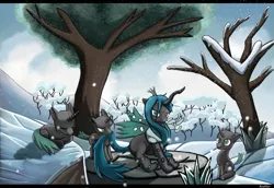 Size: 3000x2068 | Tagged: artist:sceathlet, bare tree, changeling, changeling queen, clothes, derpibooru import, female, looking at you, mommy chrissy, nymph, queen chrysalis, safe, scarf, sitting, smiling, snow, snowfall, tail bite, tree, winter