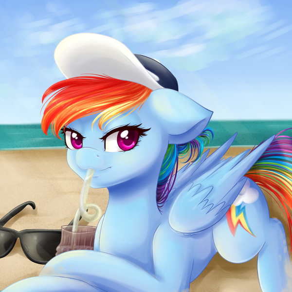 Size: 1000x1000 | Tagged: safe, artist:chiweee, derpibooru import, rainbow dash, pegasus, pony, baseball cap, beach, cloud, crazy straw, drink, drinking, female, glasses, hat, looking at you, lying, mare, sand, sipping, sky, solo, straw, sunglasses, water