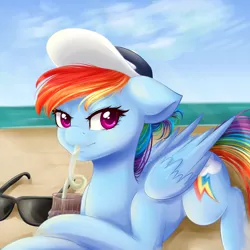 Size: 1000x1000 | Tagged: safe, artist:chiweee, derpibooru import, rainbow dash, pegasus, pony, baseball cap, beach, cloud, crazy straw, drink, drinking, female, glasses, hat, looking at you, lying, mare, sand, sipping, sky, solo, straw, sunglasses, water