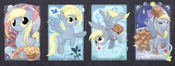 Size: 1800x675 | Tagged: safe, artist:soulscapecreatives, derpibooru import, derpy hooves, pegasus, pony, female, flying, letter, mailbag, mare, mouth hold, muffin, paper bag, paper bag princess, paper bag wizard, solo, traditional art, weather vane