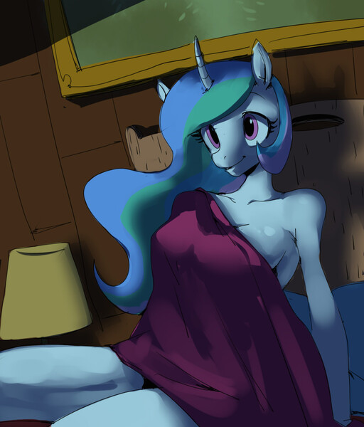 Size: 1024x1200 | Tagged: anthro, artist:swomswom, bed, bedroom, breasts, busty princess celestia, clothes, derpibooru import, female, off shoulder, princess celestia, solo, solo female, suggestive