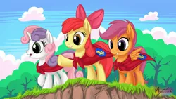 Size: 2560x1440 | Tagged: 16:9, apple bloom, artist:mysticalpha, cape, clothes, cmc cape, cutie mark crusaders, derpibooru import, safe, scootaloo, sweetie belle, wallpaper