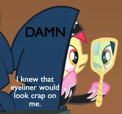 Size: 506x474 | Tagged: apple bloom, cloak, clothes, cropped, derpibooru import, edit, edited screencap, hood, hoof hold, image macro, meme, mirror, safe, screencap, show stopper outfits, solo focus, the show stoppers