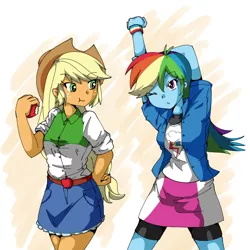 Size: 800x800 | Tagged: safe, artist:sugimoto kenshiro, derpibooru import, applejack, rainbow dash, equestria girls, apple, clothes, cowboy hat, denim skirt, eating, food, hat, pixiv, skirt, stetson, stretching, wristband