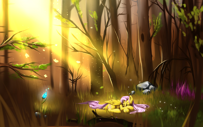 Size: 4000x2500 | Tagged: safe, artist:koi-to, derpibooru import, fluttershy, pegasus, pony, forest, scenery, sleeping, solo, sunlight