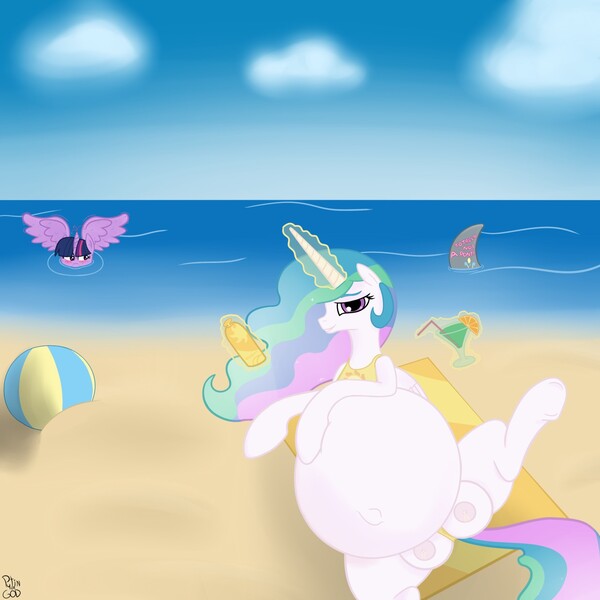Size: 1280x1280 | Tagged: questionable, artist:putinforgod, derpibooru import, pinkie pie, princess celestia, twilight sparkle, twilight sparkle (alicorn), alicorn, pony, shark, aroused, beach, beach ball, bedroom eyes, belly, belly button, big belly, bikini, blushing, clothes, crotchboobs, fat, female, hornboner, horngasm, horny, hyper, hyper pregnancy, impossibly large belly, impossibly large crotchboobs, lactation, lesbian, looking at you, magic, mare, martini, milk, nipples, nudity, obese, ocean, on back, outie belly button, prank, preglestia, pregnant, shark fin, shipping, smiling, spread legs, spread wings, sunscreen, swimsuit, telekinesis, towel, twilestia, underhoof, wingboner
