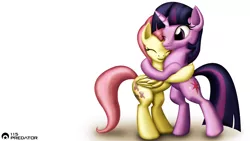 Size: 1920x1080 | Tagged: safe, artist:tsaritsaluna, derpibooru import, fluttershy, twilight sparkle, pony, bipedal, female, hug, lesbian, shipping, simple background, twishy