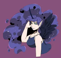 Size: 810x776 | Tagged: artist:sundown, bedroom eyes, breasts, busty nightmare moon, cleavage, clothes, derpibooru import, elf ears, female, human, humanized, looking at you, nightmare moon, smiling, solo, solo female, spread wings, stupid sexy nightmare moon, suggestive, tanktop, winged humanization