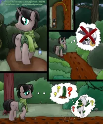 Size: 1000x1200 | Tagged: safe, artist:smudge proof, derpibooru import, zecora, oc, oc:benigin bergham, pony, unicorn, zebra, camouflage, clothes, comic, commission, confused, context is for the weak, cover, cucumber, dirty, everfree forest, forest, frown, mud, no help needed, notepad, observer, question mark, scarf, smiling, someone pls help with source it doesn't lets me keep the old one, thinking, thought bubble, vest, walking, wat, water bottle