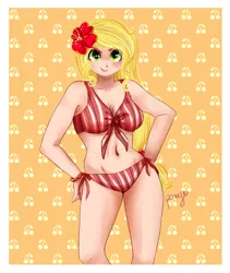 Size: 800x950 | Tagged: applejack, artist:cosmicponye, belly button, bikini, breasts, clothes, derpibooru import, female, flower in hair, front knot midriff, human, humanized, midriff, solo, solo female, suggestive, swimsuit