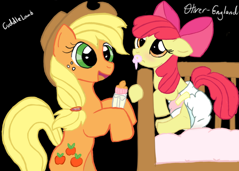 Size: 1024x734 | Tagged: apple bloom, applejack, artist:cuddlelamb, artist:oliver-england, babied, bottle, crib, diaper, diaper fetish, feederjack, feeding, foal, questionable