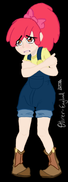 Size: 400x1073 | Tagged: apple bloom, artist:geotastic, artist:oliver-england, babied, blushing, diaper, diaper fetish, edit, human, humanized, implied diaper, implied wet diaper, overalls, questionable, romper, solo