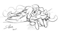 Size: 1280x659 | Tagged: artist:silfoe, cuddling, derpibooru import, grayscale, lunadoodle, monochrome, princess celestia, princess luna, prone, safe, sketch, snuggling, wip