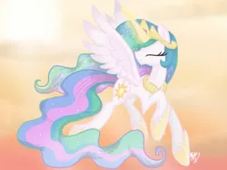 Size: 960x720 | Tagged: safe, artist:midnightsketches, derpibooru import, princess celestia, eyes closed, flying, gradient background, happy, magic, raised hoof, smiling, solo, spread wings