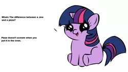 Size: 1194x668 | Tagged: semi-grimdark, deleted from derpibooru, derpibooru import, twilight sparkle, pony, unicorn, antisemitism, exploitable meme, female, filly, filly twilight sparkle, filly twilight telling an offensive joke, holocaust, holocaust joke, implied death, implied murder, meme, obligatory pony, solo, we are going to hell, younger