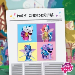 Size: 788x788 | Tagged: safe, derpibooru import, official, princess celestia, princess luna, equestria girls, alternative cutie mark placement, brushable, doll, facial cutie mark, fashion style, my little pony logo, newspaper, ponied up, pony confidential, pony ears, sunglasses, toy