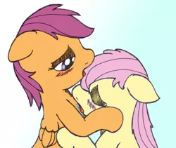 Size: 1970x1662 | Tagged: artist:an-tonio, artist:lord waite, blushing, colored, edit, female, fluttershy, foalcon, lesbian, licking, mare on filly, scootaloo, scootashy, shipping, suggestive