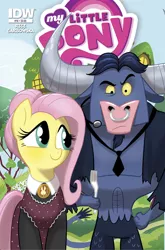 Size: 988x1500 | Tagged: safe, artist:amy mebberson, derpibooru import, idw, fluttershy, iron will, minotaur, pony, spoiler:comic, spoiler:comicff10, alternate hairstyle, american gothic, clothes, cover, duo, female, fine art parody, idw advertisement, ironshy, male, mare, necktie, nose piercing, nose ring, piercing, shipping, straight