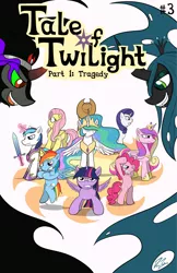 Size: 792x1224 | Tagged: safe, artist:donzatch, derpibooru import, applejack, fluttershy, king sombra, pinkie pie, princess cadance, princess celestia, queen chrysalis, rainbow dash, rarity, shining armor, twilight sparkle, twilight sparkle (alicorn), alicorn, pony, umbrum, comic:tale of twilight, cover, female, mane six, mare, sword