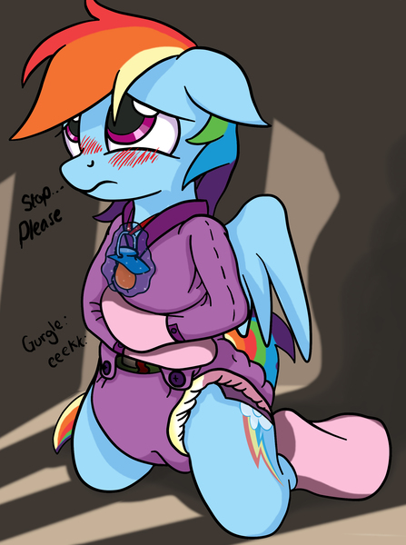 Size: 1847x2480 | Tagged: questionable, artist:mistydash, derpibooru import, rainbow dash, zapp, pegasus, pony, adult foal, blushing, clothes, diaper, diaper fetish, female, kneeling, mittens, onesie, pacifier, power ponies, socks, solo, solo female, stomach noise, urine, wet diaper