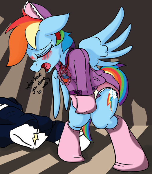 Size: 2165x2480 | Tagged: questionable, artist:mistydash, derpibooru import, rainbow dash, zapp, pegasus, pony, adult foal, blushing, bonnet, clothes, diaper, diaper fetish, eyes closed, female, mittens, onesie, pacifier, power ponies, socks, solo, solo female, urine, wet diaper