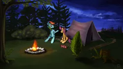 Size: 1920x1080 | Tagged: artist:bronyjunk, campfire, camping, camping trip, derpibooru import, forest, rainbow dash, safe, scootaloo, sitting, tent