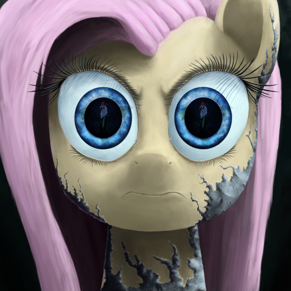 Size: 2000x2000 | Tagged: artist:phiktorial, badass, cockatrice, derpibooru import, eyes, flutterbadass, fluttershy, nightmare fuel, petrification, reflection, safe, solo, stare master, the stare