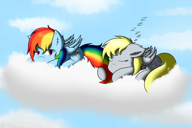 Size: 1350x900 | Tagged: safe, artist:call-me-jack, derpibooru import, derpy hooves, rainbow dash, pegasus, pony, female, mare, sleeping