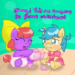 Size: 1000x1000 | Tagged: safe, artist:tapeysides, derpibooru import, oc, oc:cobalt arrow, oc:itty bit, unofficial characters only, pony, baby, baby pony, diaper, foal, poofy diaper