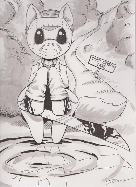 Size: 1024x1406 | Tagged: artist:duskkodesh, blood, crossover, derpibooru import, friday the 13th, jason voorhees, machete, monochrome, ponified, semi-grimdark, solo, traditional art