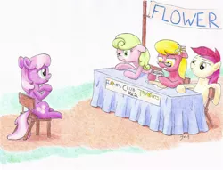 Size: 2164x1652 | Tagged: artist:philo5, banner, cheerilee, daisy, derpibooru import, floppy ears, flower trio, flower wishes, frown, glasses, gritted teeth, leaning, lily, lily valley, lip bite, nervous, raised eyebrow, reading, roseluck, safe, sitting, table, traditional art