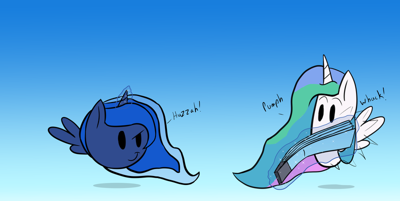 Size: 2320x1167 | Tagged: artist:icesticker, blob, blob ponies, derpibooru import, huzzah, lunadoodle, magic, one word, paper fan, princess celestia, princess luna, raised eyebrow, safe, smack, smiling, :t, telekinesis, too many ponies, wide eyes