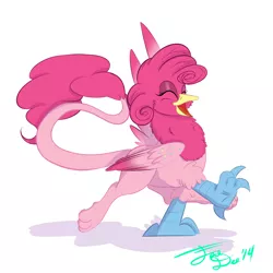 Size: 2000x2000 | Tagged: safe, artist:farewelldecency, deleted from derpibooru, derpibooru import, pinkie pie, gryphon, eyes closed, griffonized, my little griffon, raised claw, signature, simple background, solo, species swap, white background