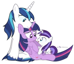 Size: 900x780 | Tagged: safe, artist:dm29, derpibooru import, shining armor, twilight sparkle, twilight sparkle (alicorn), oc, oc:violet starshine, alicorn, pony, 5-year-old, auntie twilight, cuddling, cute, female, filly, julian yeo is trying to murder us, mare, misleading thumbnail, not incest, offspring, open mouth, parent:princess cadance, parent:shining armor, parents:shiningcadance, simple background, sitting, smiling, snuggling, transparent background, trio, vector