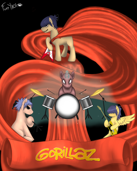 Size: 800x1000 | Tagged: safe, artist:scouthiro, derpibooru import, pegasus, pony, unicorn, 2d, bass guitar, black background, drums, gorillaz, guitar, microphone, murdoc, musical instrument, noodle, russel, simple background, stu, unsure if finished