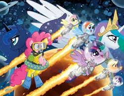 Size: 981x756 | Tagged: safe, artist:tonyfleecs, derpibooru import, idw, applejack, fluttershy, pinkie pie, princess celestia, princess luna, rainbow dash, rarity, twilight sparkle, twilight sparkle (alicorn), alicorn, pony, astrodash, astronaut, bubble, clothes, cover, female, jetpack, jetpack comics, mane six, mare, mars, mask, ponies in space, scuba, scuba gear, space, spacesuit