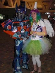 Size: 720x960 | Tagged: bronycon, cosplay, derpibooru import, irl, optimus prime, photo, plushie, princess celestia, safe, transformers, twilight sparkle