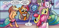 Size: 518x249 | Tagged: apple bloom, applejack, applejewel, babs seed, derpibooru import, fluttershy, idw, rarity, safe, spoiler:comic, spoiler:comic21, subway, trixie