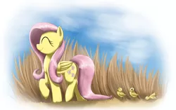 Size: 4201x2634 | Tagged: artist:otakuap, derpibooru import, duck, duckling, eyes closed, fluttershy, happy, raised hoof, safe, smiling, solo, walking