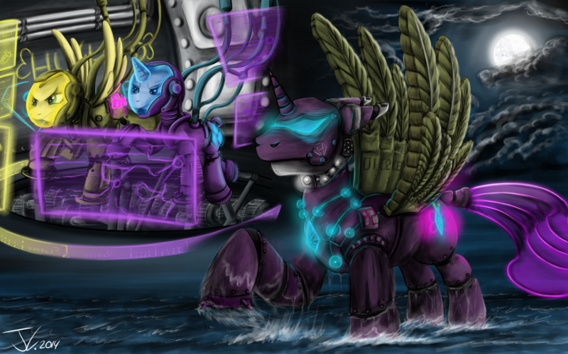 Size: 2100x1309 | Tagged: artist:jamescorck, crossover, derpibooru import, fluttershy, jaeger, mech, pacific rim, rarity, safe